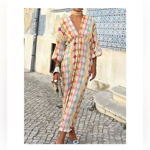 Commense Women's XS Multicolor Jacquard Print V-Neck Long Sleeve Dress - Picture 1 of 6